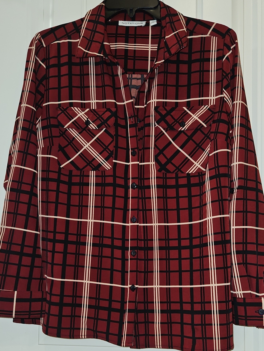Notations Burgundy Plaid Long-Sleeve Button Front Blouse